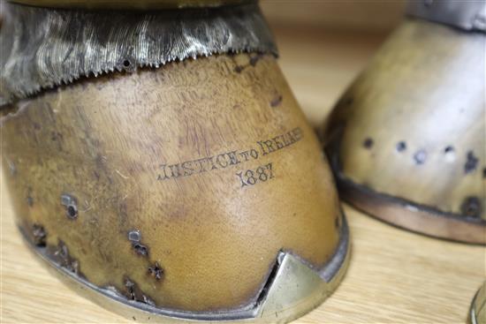 A Victorian horse hoof lamp, engraved Justice to Ireland 1887 and two hoof inkwells, one marked Rowland Ward, tallest 14cm